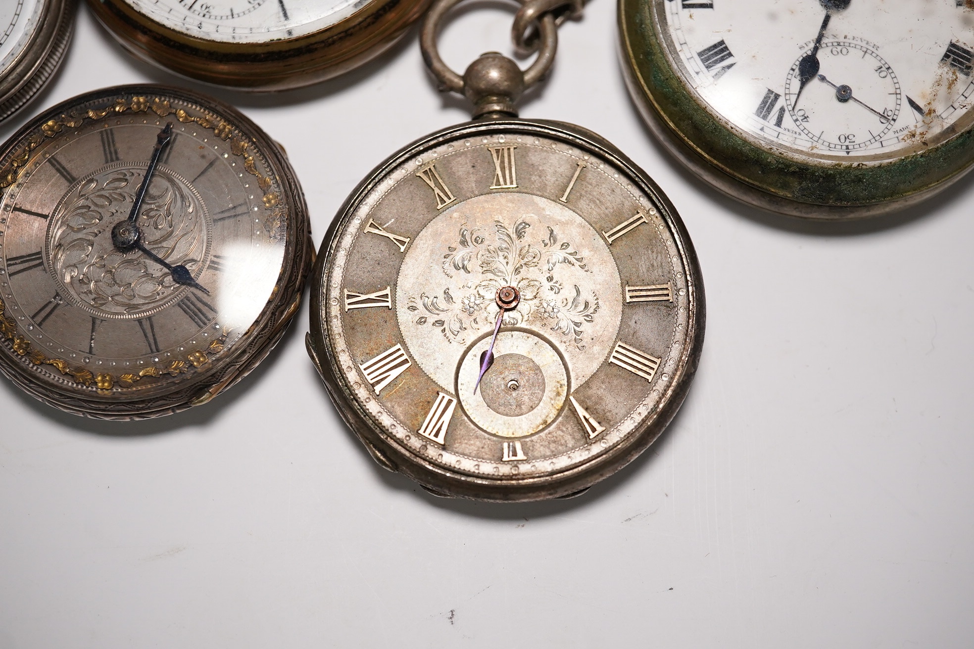 Four assorted white metal pocket watches and two other base metal pocket watches. Condition - poor to fair